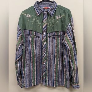 Vintage Western Avatar Textured Cotton Multi Color Guitar Shirt Size Large
